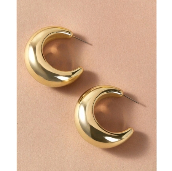 Anthropologie Minimalist Dome Chunky Thick Large Half Hoop Gold Earrings - Picture 3 of 4